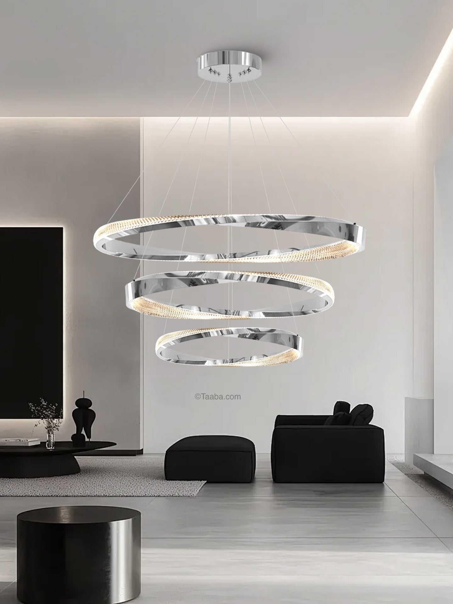 Cyber Light Luxury Chrome-plated Artistic Three Ring Chandelier D0063