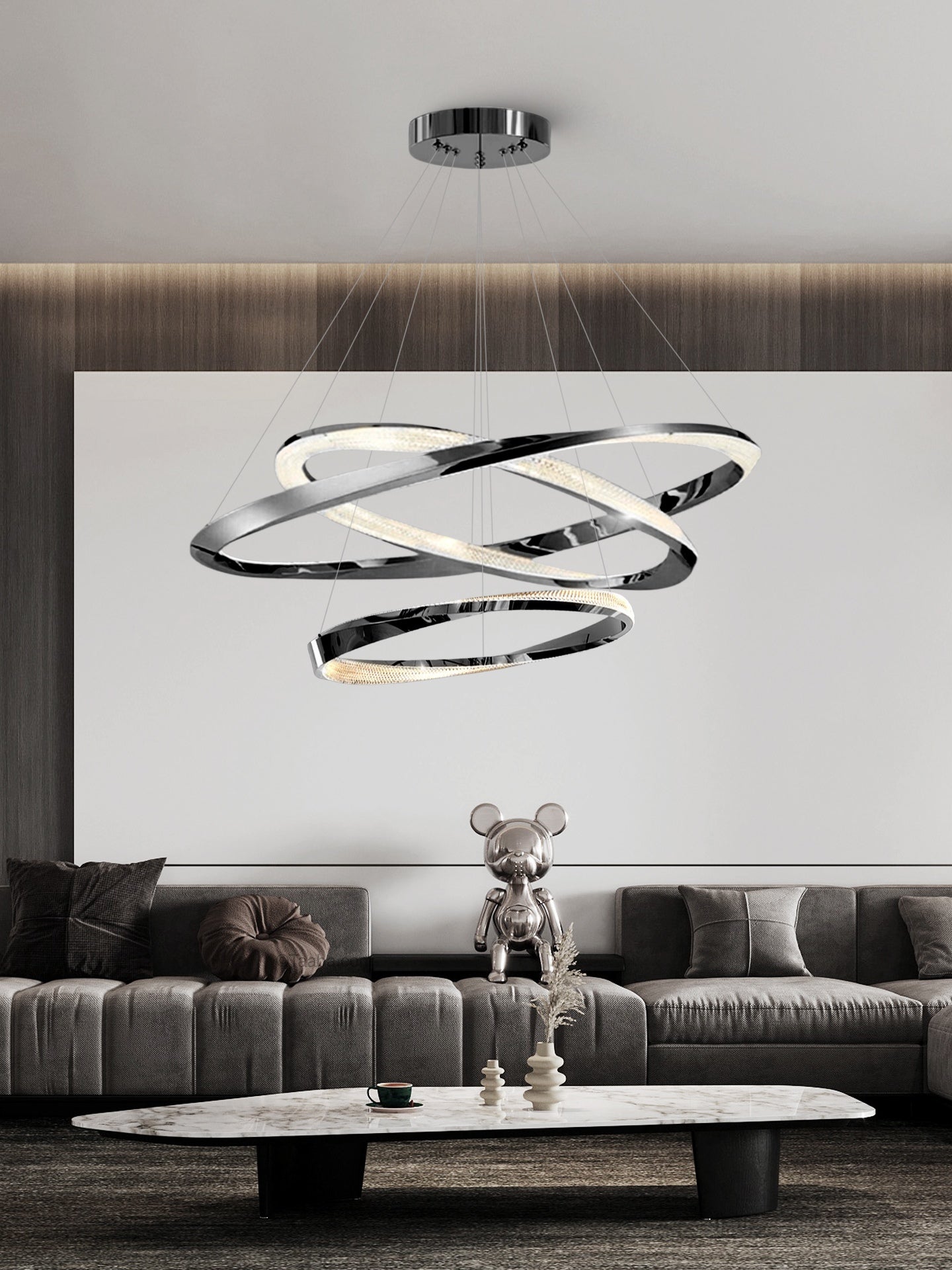Cyber Light Luxury Chrome-plated Artistic Three Ring Chandelier D0063